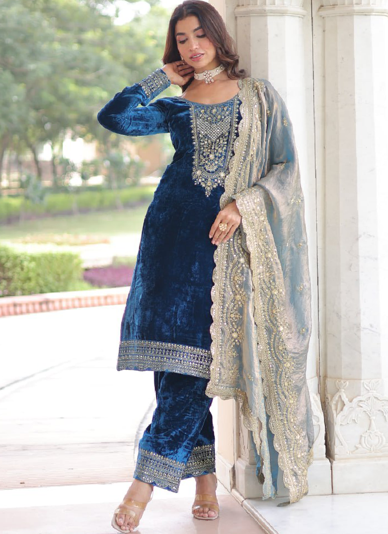 Designer Sequence Embroidered Velvet Blue Pant Kurti With Dupatta Set