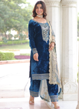 Designer Sequence Embroidered Velvet Blue Pant Kurti With Dupatta Set