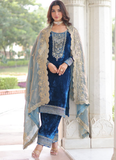 Designer Sequence Embroidered Velvet Blue Pant Kurti With Dupatta Set