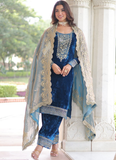 Designer Sequence Embroidered Velvet Blue Pant Kurti With Dupatta Set