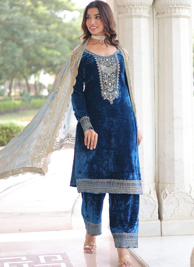 Designer Sequence Embroidered Velvet Blue Pant Kurti With Dupatta Set