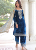 Designer Sequence Embroidered Velvet Blue Pant Kurti With Dupatta Set