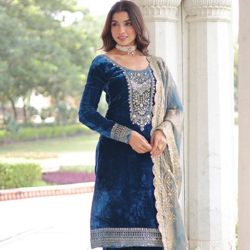 Designer Sequence Embroidered Velvet Blue Pant Kurti With Dupatta Set