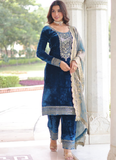 Designer Sequence Embroidered Velvet Blue Pant Kurti With Dupatta Set