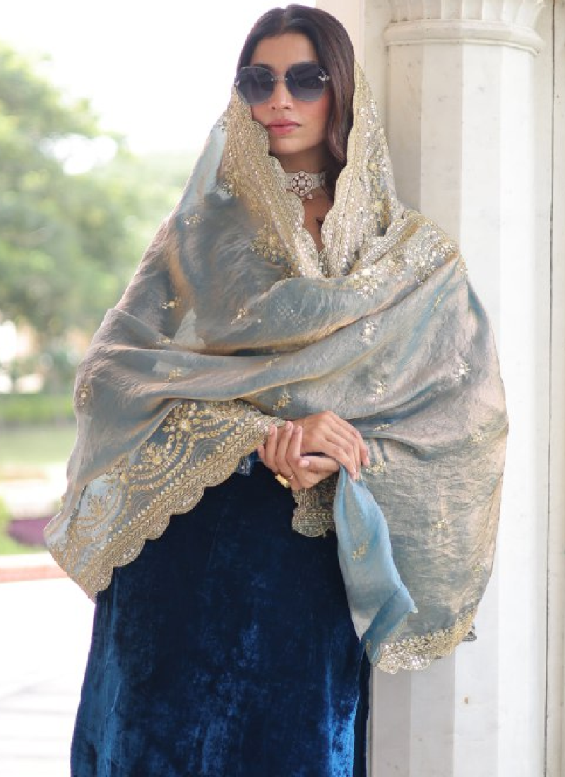 Designer Sequence Embroidered Velvet Blue Pant Kurti With Dupatta Set