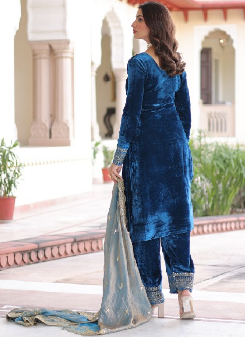 Designer Sequence Embroidered Velvet Blue Pant Kurti With Dupatta Set