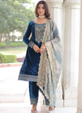 Designer Sequence Embroidered Velvet Blue Pant Kurti With Dupatta Set