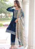 Designer Sequence Embroidered Velvet Blue Pant Kurti With Dupatta Set