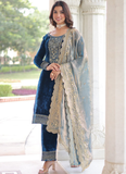 Designer Sequence Embroidered Velvet Blue Pant Kurti With Dupatta Set