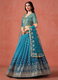 Designer Teal Blue Sequence Embroidery Work Georgette Lehenga Choli