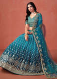 Designer Teal Blue Sequence Embroidery Work Georgette Lehenga Choli
