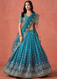 Designer Teal Blue Sequence Embroidery Work Georgette Lehenga Choli