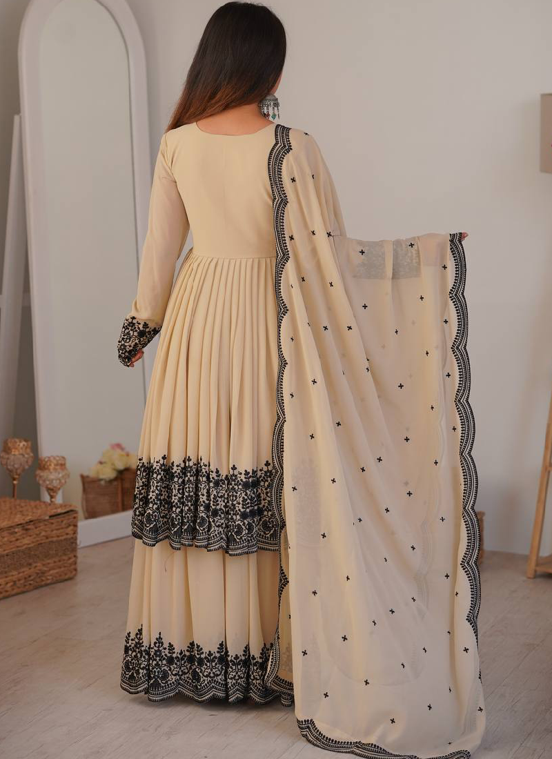 Designer Thread Embroidered Georgette Beige Sharara Suit For Wedding