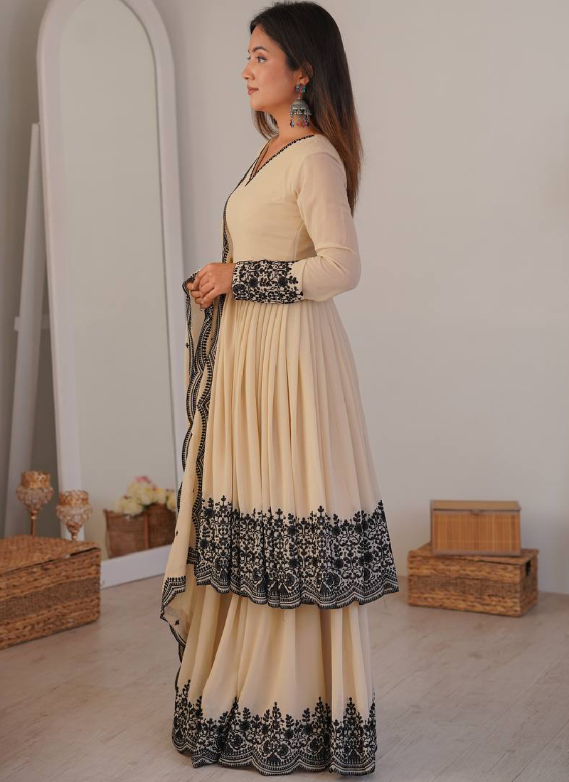 Designer Thread Embroidered Georgette Beige Sharara Suit For Wedding