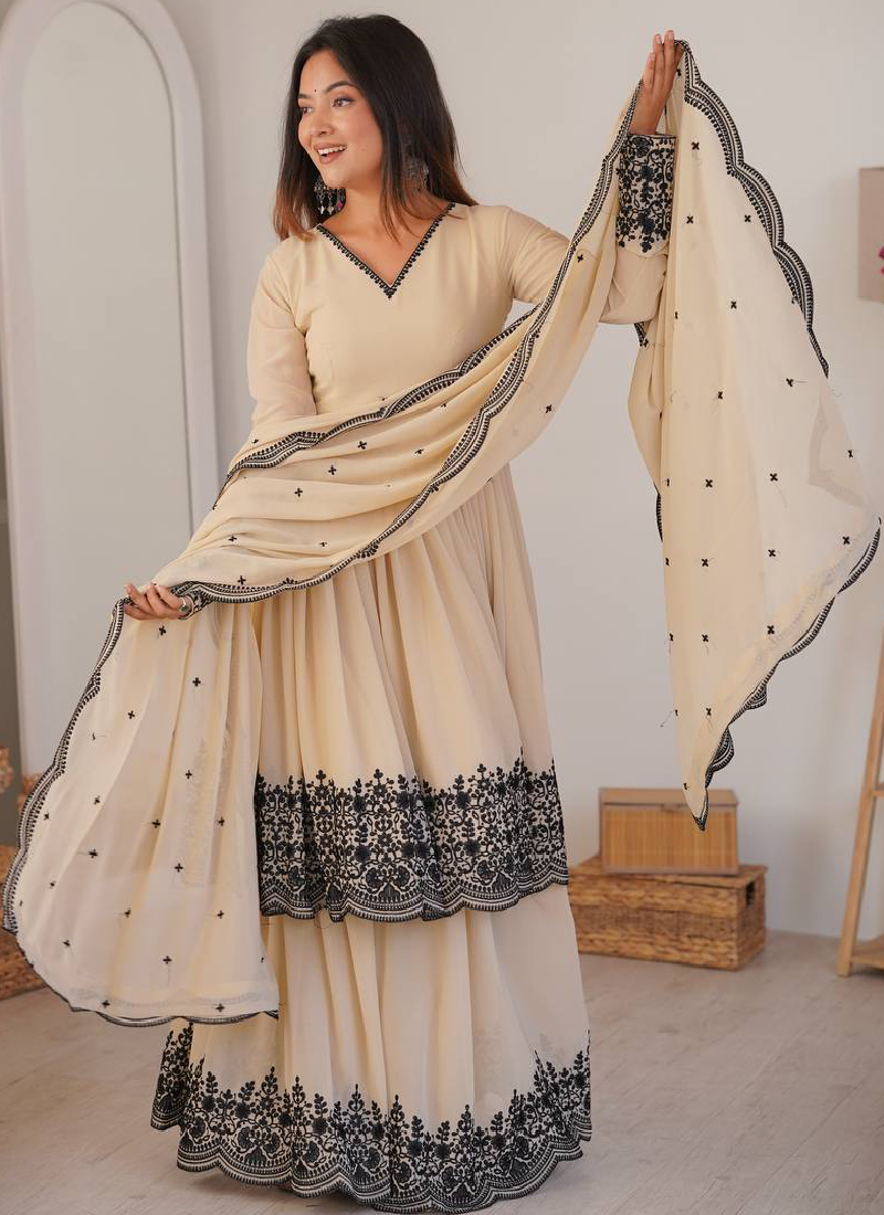 Designer Thread Embroidered Georgette Beige Sharara Suit For Wedding