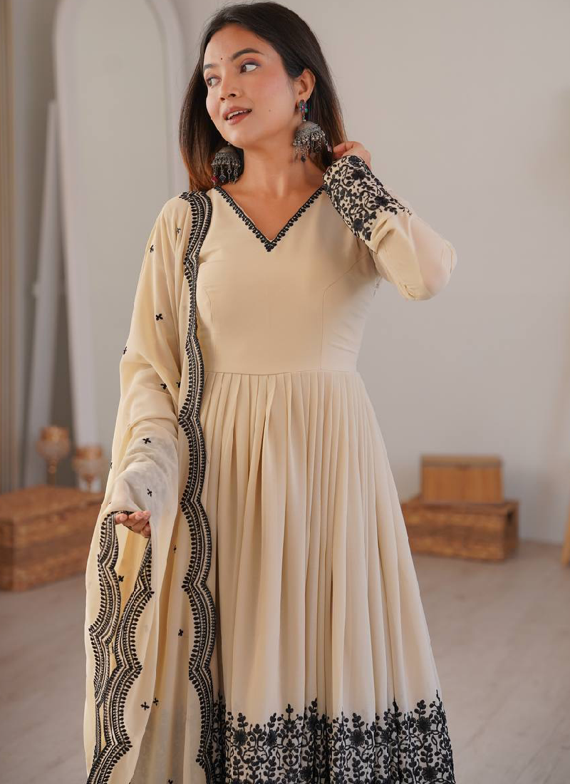 Designer Thread Embroidered Georgette Beige Sharara Suit For Wedding
