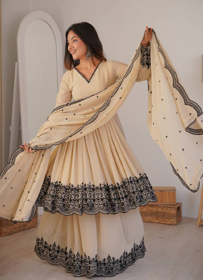 Designer Thread Embroidered Georgette Beige Sharara Suit For Wedding