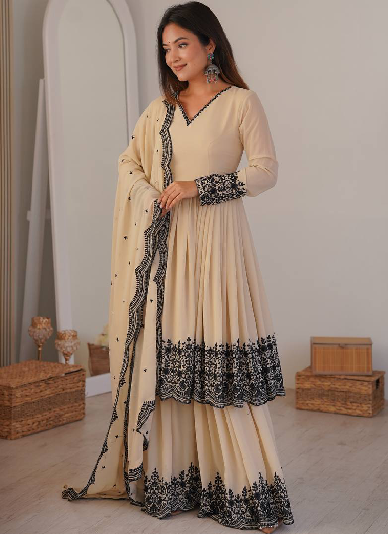 Designer Thread Embroidered Georgette Beige Sharara Suit For Wedding