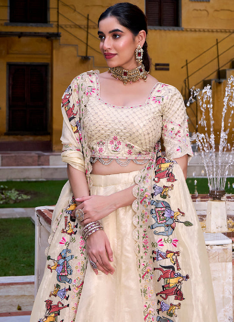 Designer Thread Embroidered Off White Raspberry Silk Lehenga Choli Set