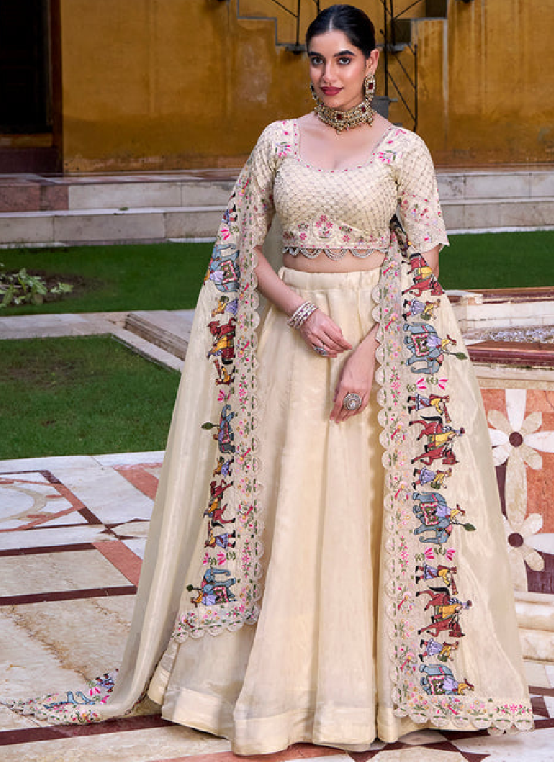 Designer Thread Embroidered Off White Raspberry Silk Lehenga Choli Set