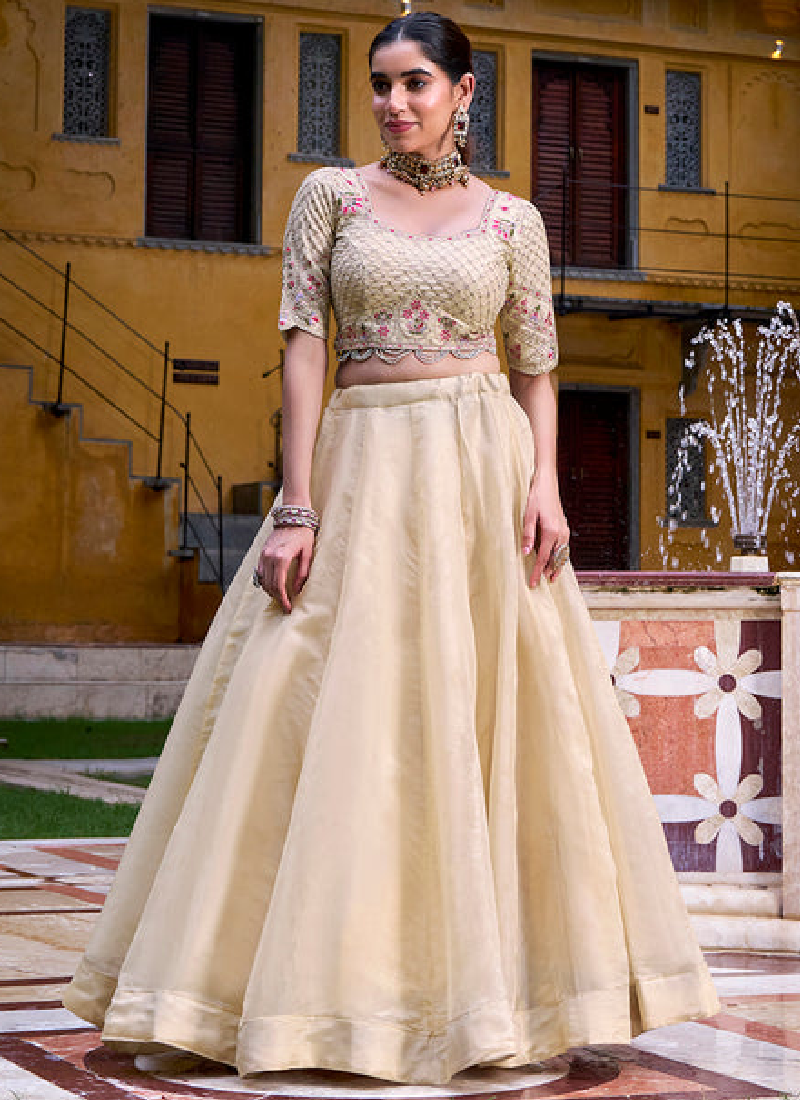 Designer Thread Embroidered Off White Raspberry Silk Lehenga Choli Set