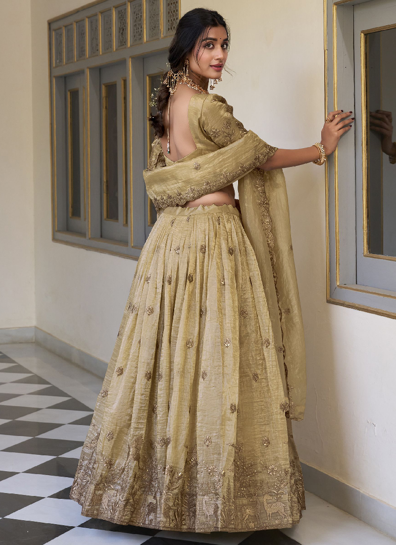 Designer Thread Embroidered Silk Cream Lehenga Choli With Dupatta