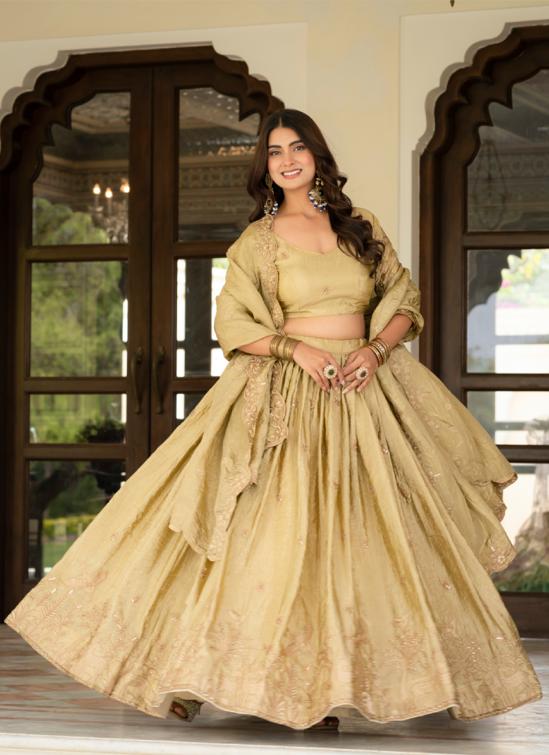 Designer Thread Embroidered Silk Cream Lehenga Choli With Dupatta