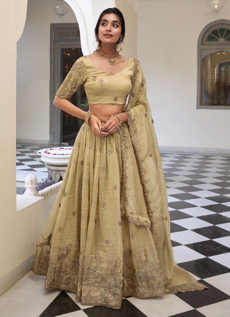 Designer Thread Embroidered Silk Cream Lehenga Choli With Dupatta