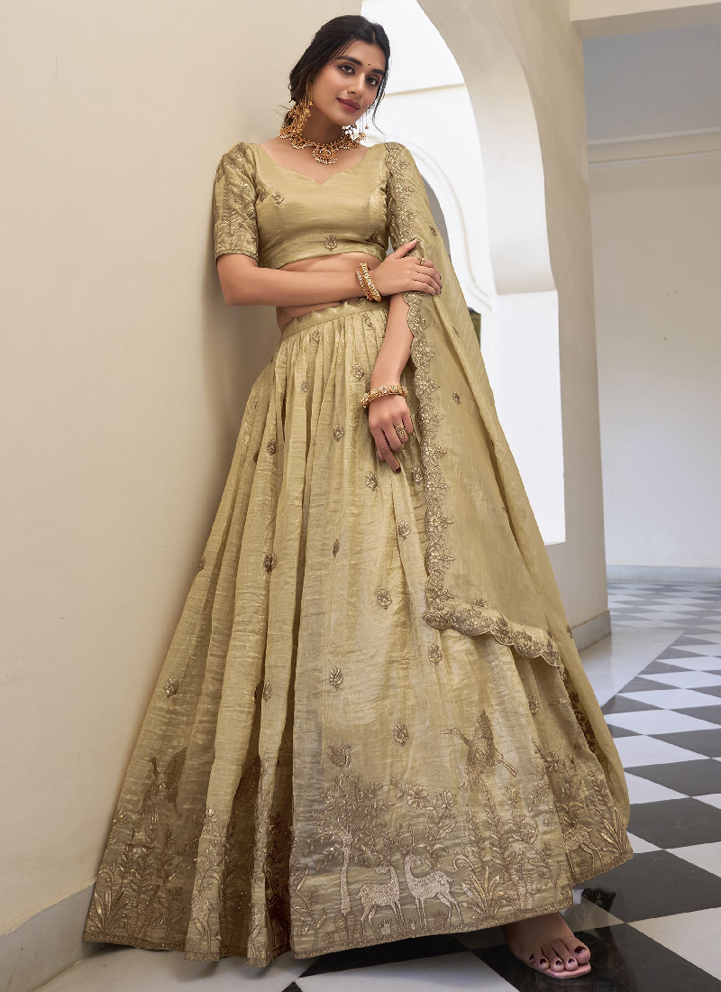 Designer Thread Embroidered Silk Cream Lehenga Choli With Dupatta