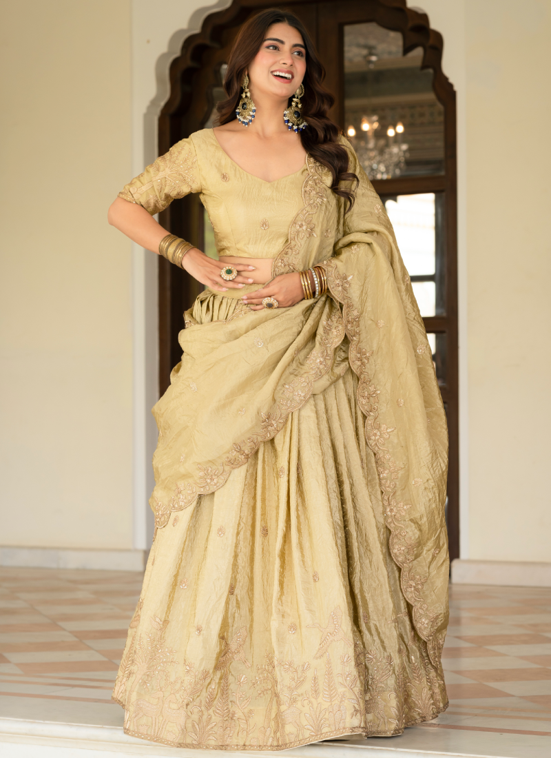 Designer Thread Embroidered Silk Cream Lehenga Choli With Dupatta