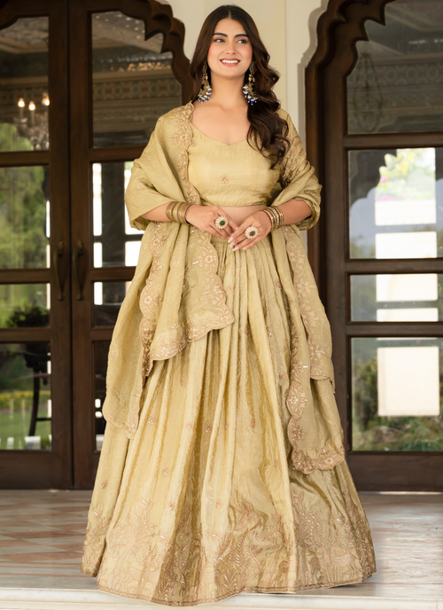 Designer Thread Embroidered Silk Cream Lehenga Choli With Dupatta
