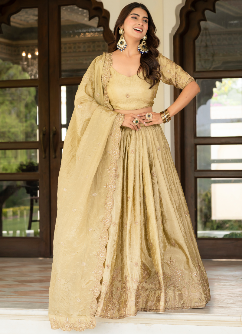 Designer Thread Embroidered Silk Cream Lehenga Choli With Dupatta