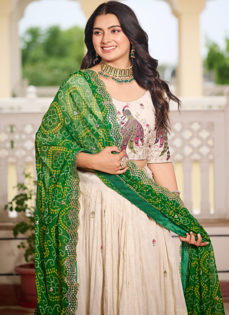 Designer Tissue Silk Green And Cream Sequence Work Lehenga Choli Set