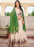 Designer Tissue Silk Green And Cream Sequence Work Lehenga Choli Set
