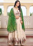 Designer Tissue Silk Green And Cream Sequence Work Lehenga Choli Set