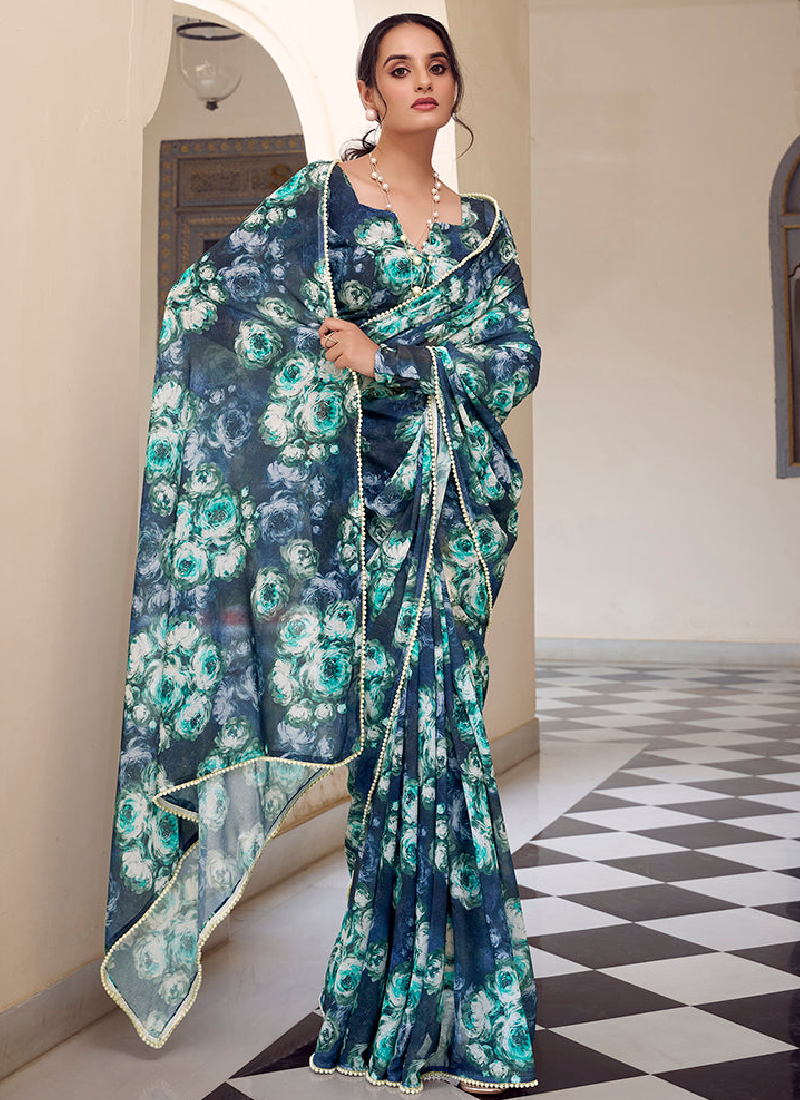Designer Weightless Marbal Floral Printed Navy Blue Saree With Blouse