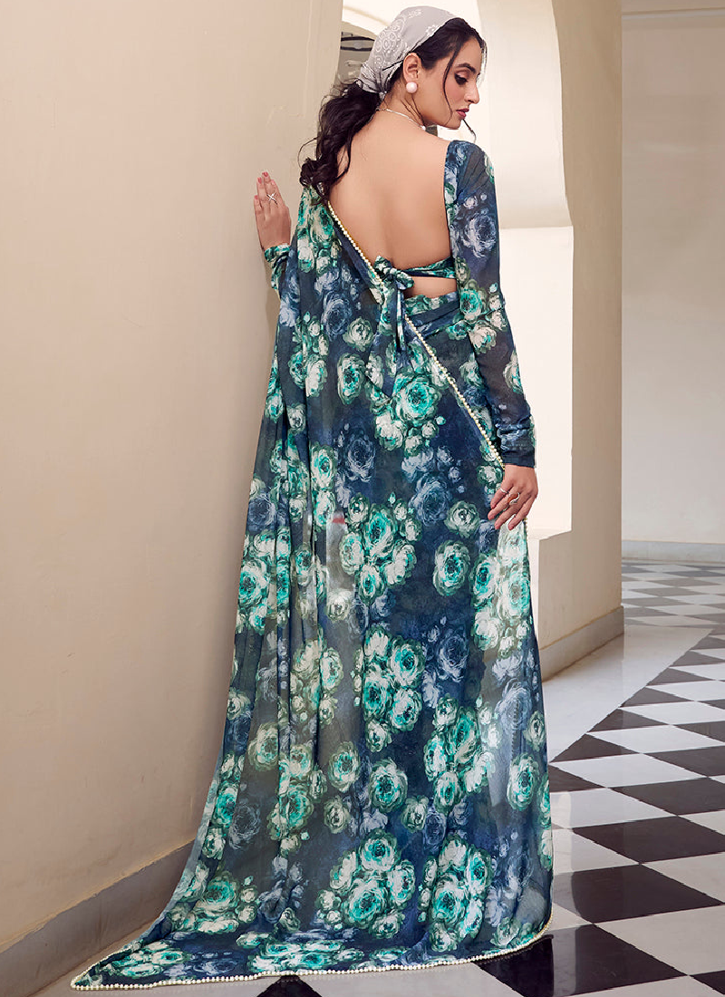 Designer Weightless Marbal Floral Printed Navy Blue Saree With Blouse