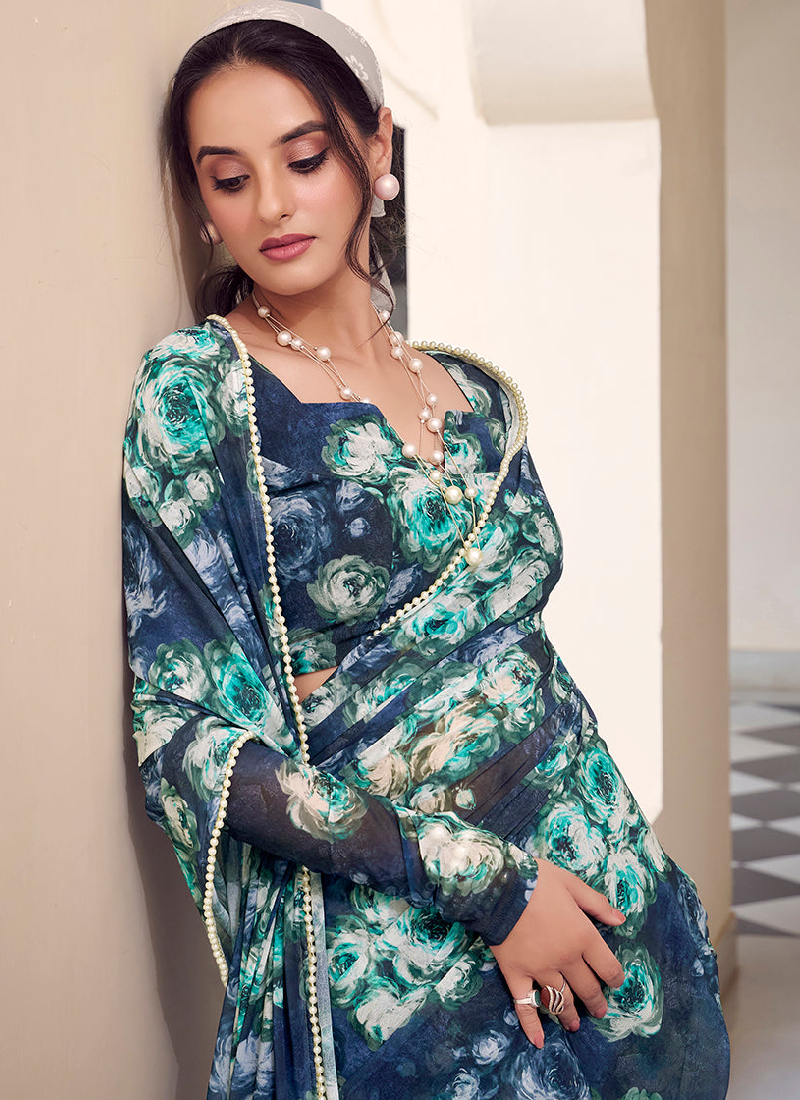 Designer Weightless Marbal Floral Printed Navy Blue Saree With Blouse