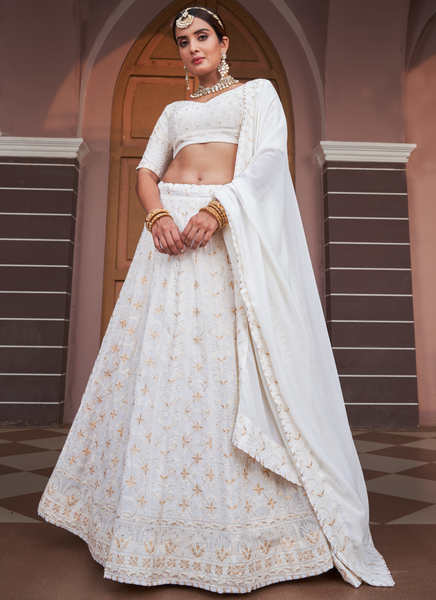 Buy White georgette sequins embroidery lehenga choli at fealdeal.com