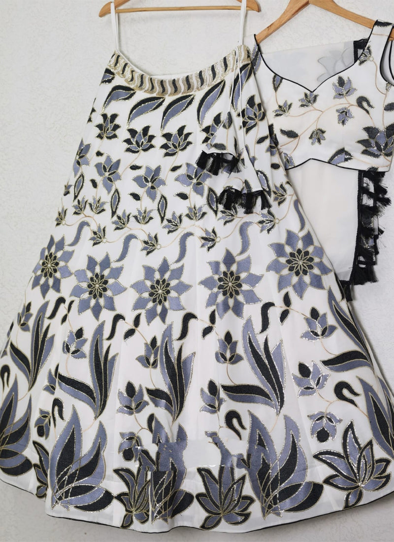 Designer White Sequence Embroidered Georgette Lehenga Choli