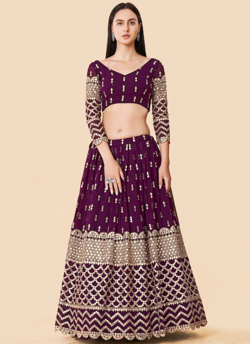 Charismatic Sequence Embroidered Wine Georgette Lehenga Choli