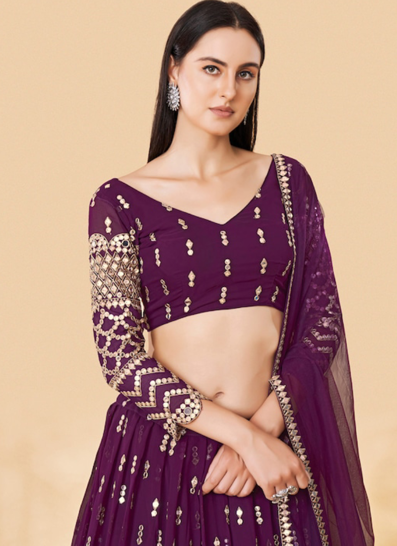 Charismatic Sequence Embroidered Wine Georgette Lehenga Choli