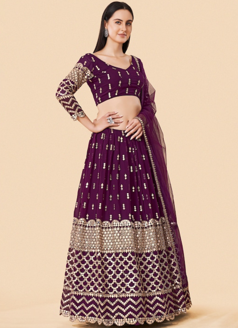 Charismatic Sequence Embroidered Wine Georgette Lehenga Choli