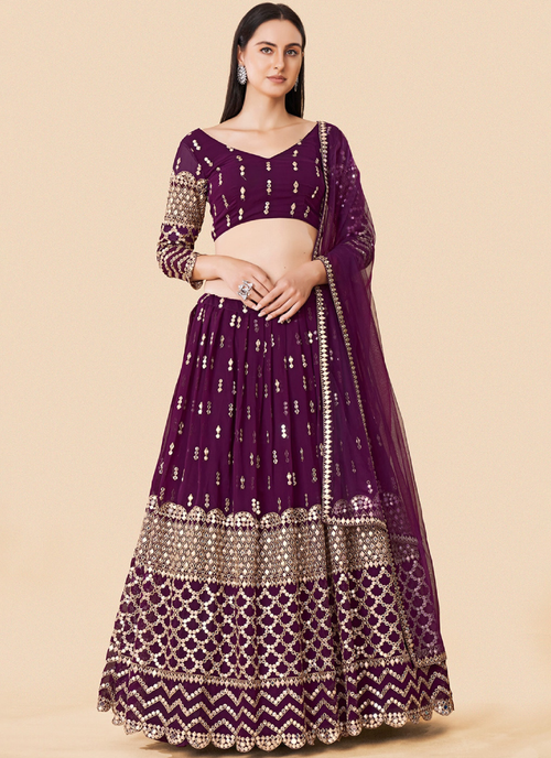 Charismatic Sequence Embroidered Wine Georgette Lehenga Choli