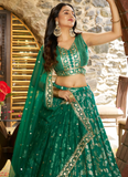Designer Zari Weaving Embroidered Silk Rama Green Lehenga Choli