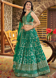 Designer Zari Weaving Embroidered Silk Rama Green Lehenga Choli