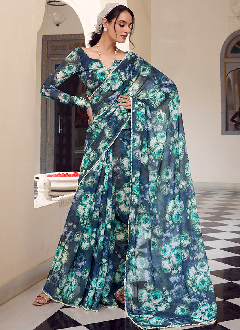 Designer Georgette Floral Printed Navy Blue Saree With Blouse
