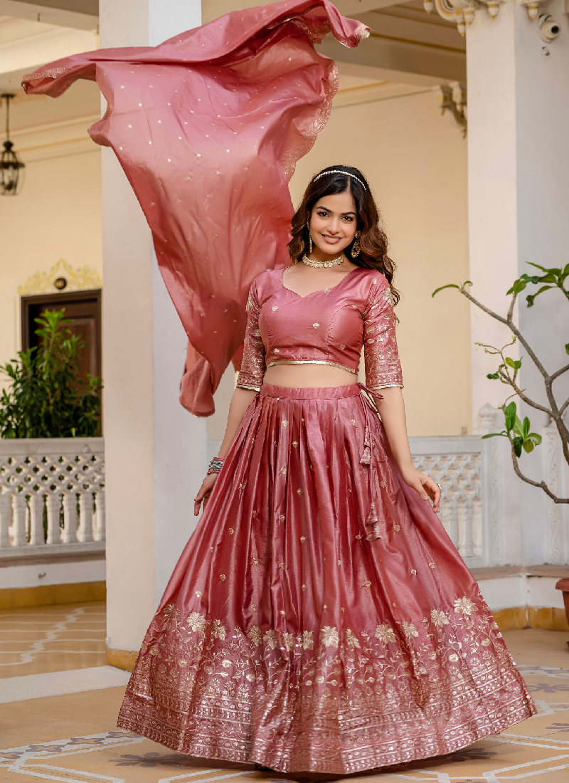 Designer Gold Crush Sequence Work Pink Lehenga Choli Set For Women