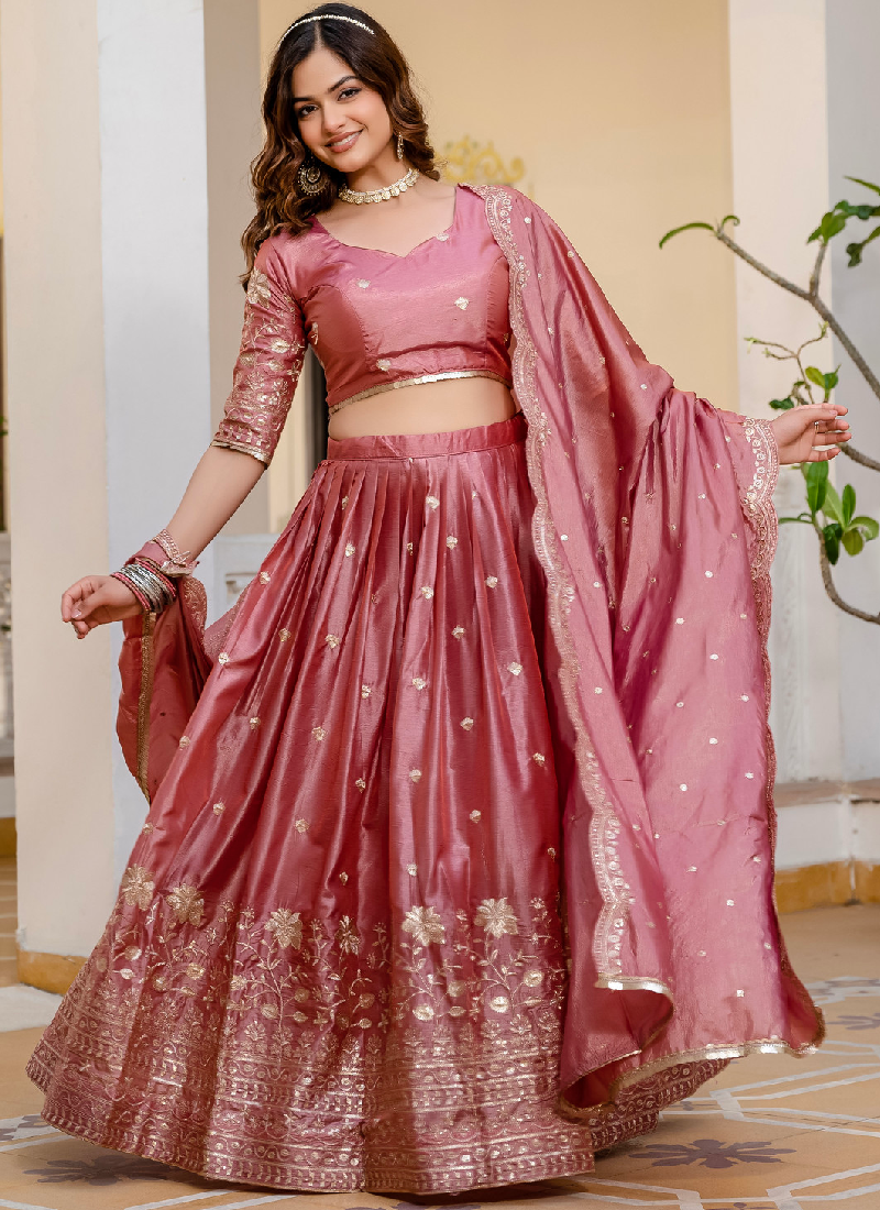 Designer Gold Crush Sequence Work Pink Lehenga Choli Set For Women