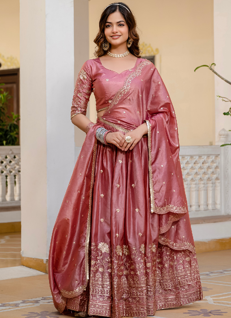 Designer Gold Crush Sequence Work Pink Lehenga Choli Set For Women